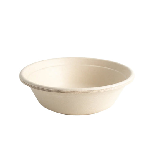 Disposable white or light brown paper bowl made from sugarcane.